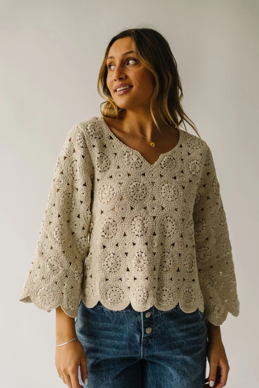 Piper & Scoot Women's Liska Natural Crochet Sweater with Scalloped Detail