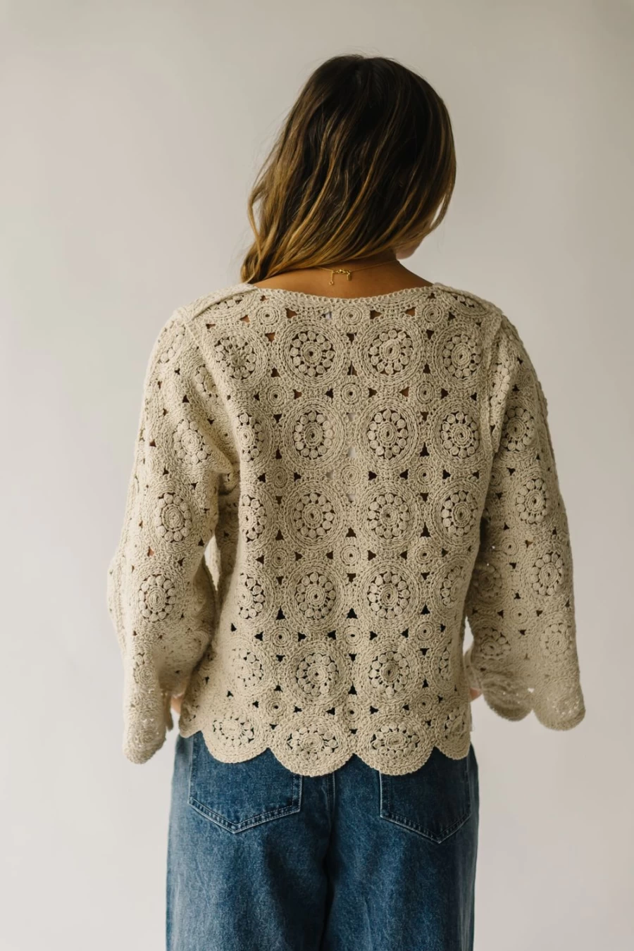 Piper & Scoot Women's Liska Natural Crochet Sweater with Scalloped Detail