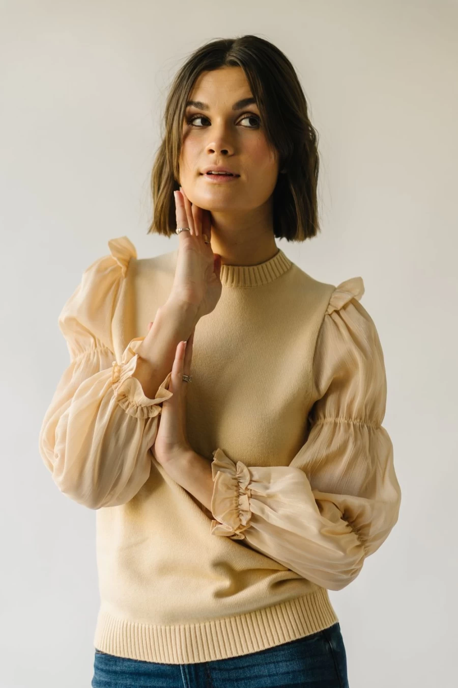 Piper & Scoot Women's Bontra Beige Ruffle Sleeve Sweater
