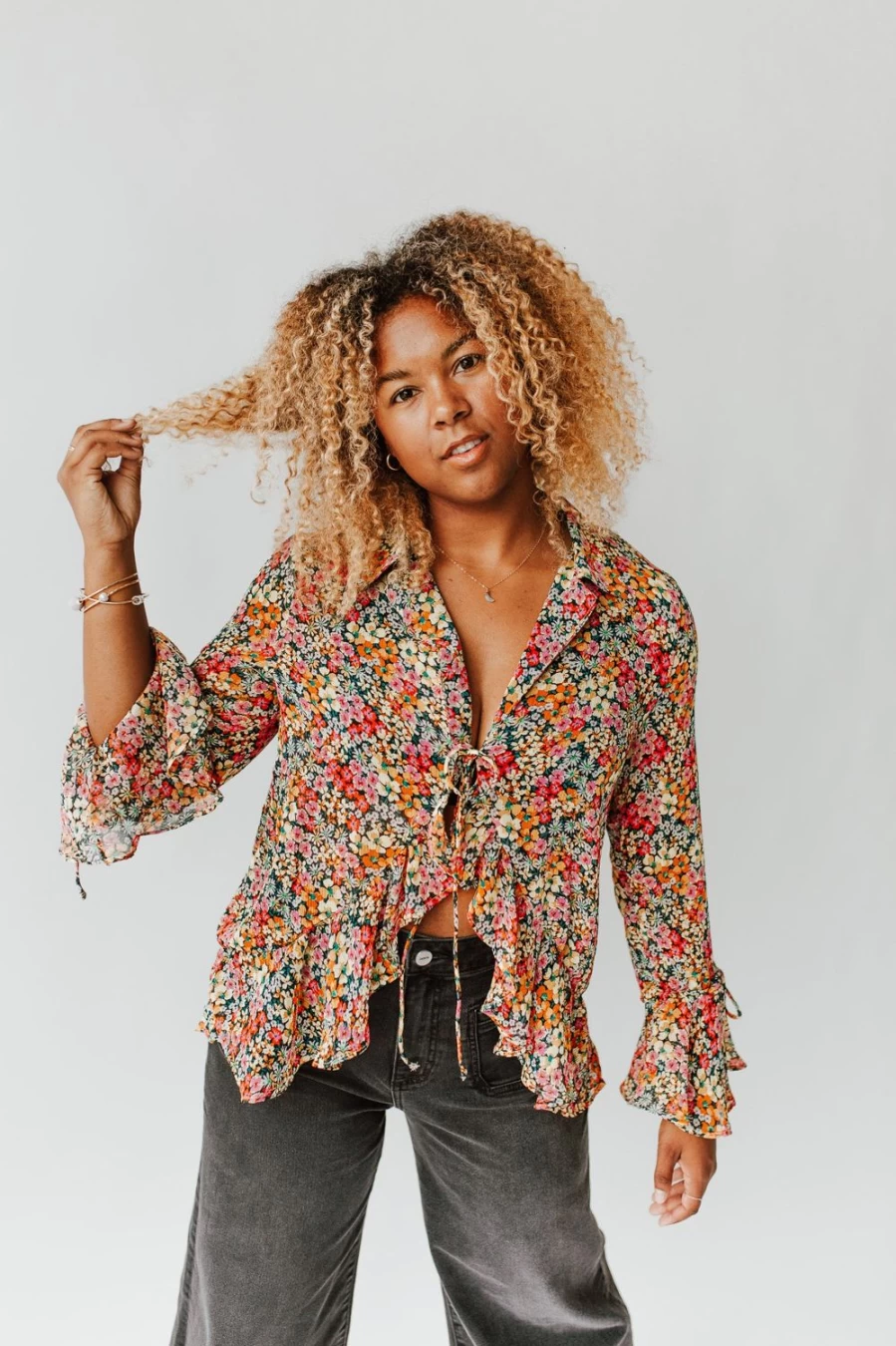 Piper & Scoot Women's Wilmette Nightfall Ditsy Floral Front Tie Blouse