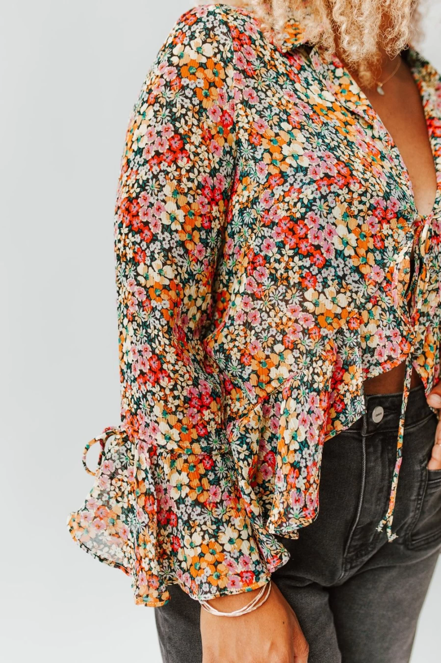 Piper & Scoot Women's Wilmette Nightfall Ditsy Floral Front Tie Blouse