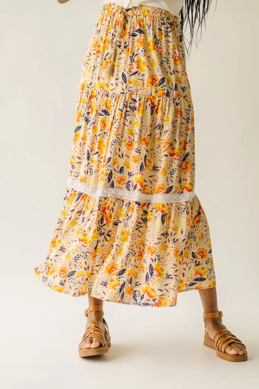 Piper & Scoot Women's Blakely Tiered Maxi Skirt - Cream Multi Pattern, Boho Chic Long Skirt