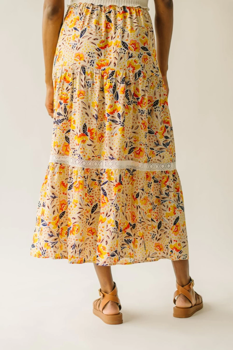 Piper & Scoot Women's Blakely Tiered Maxi Skirt - Cream Multi Pattern, Boho Chic Long Skirt