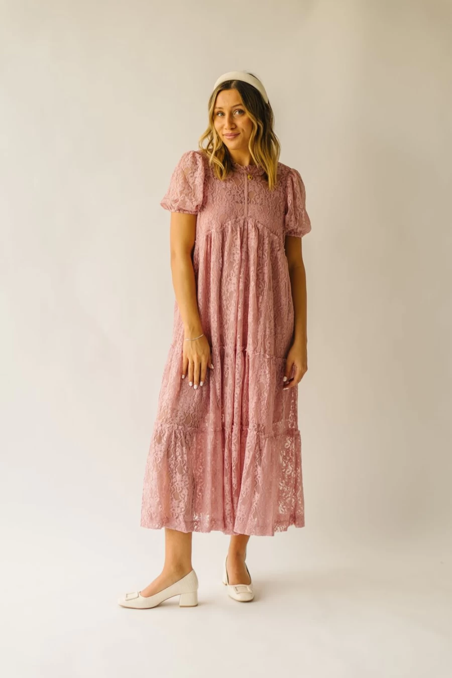 Piper & Scoot Women's Amari Lace Midi Dress with Bubble Sleeves in Dusty Rose