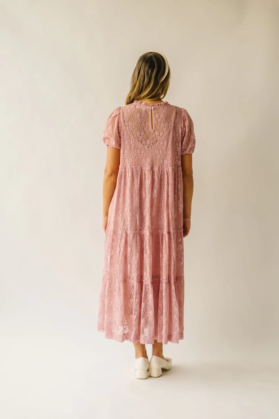 Piper & Scoot Women's Amari Lace Midi Dress with Bubble Sleeves in Dusty Rose