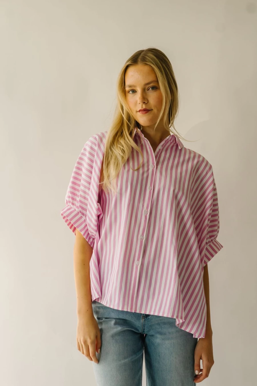 Piper & Scoot Women's Latham Oversized Pink & White Striped Button-Down Blouse