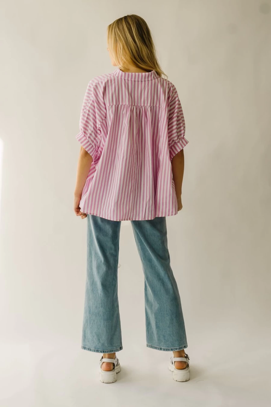 Piper & Scoot Women's Latham Oversized Pink & White Striped Button-Down Blouse