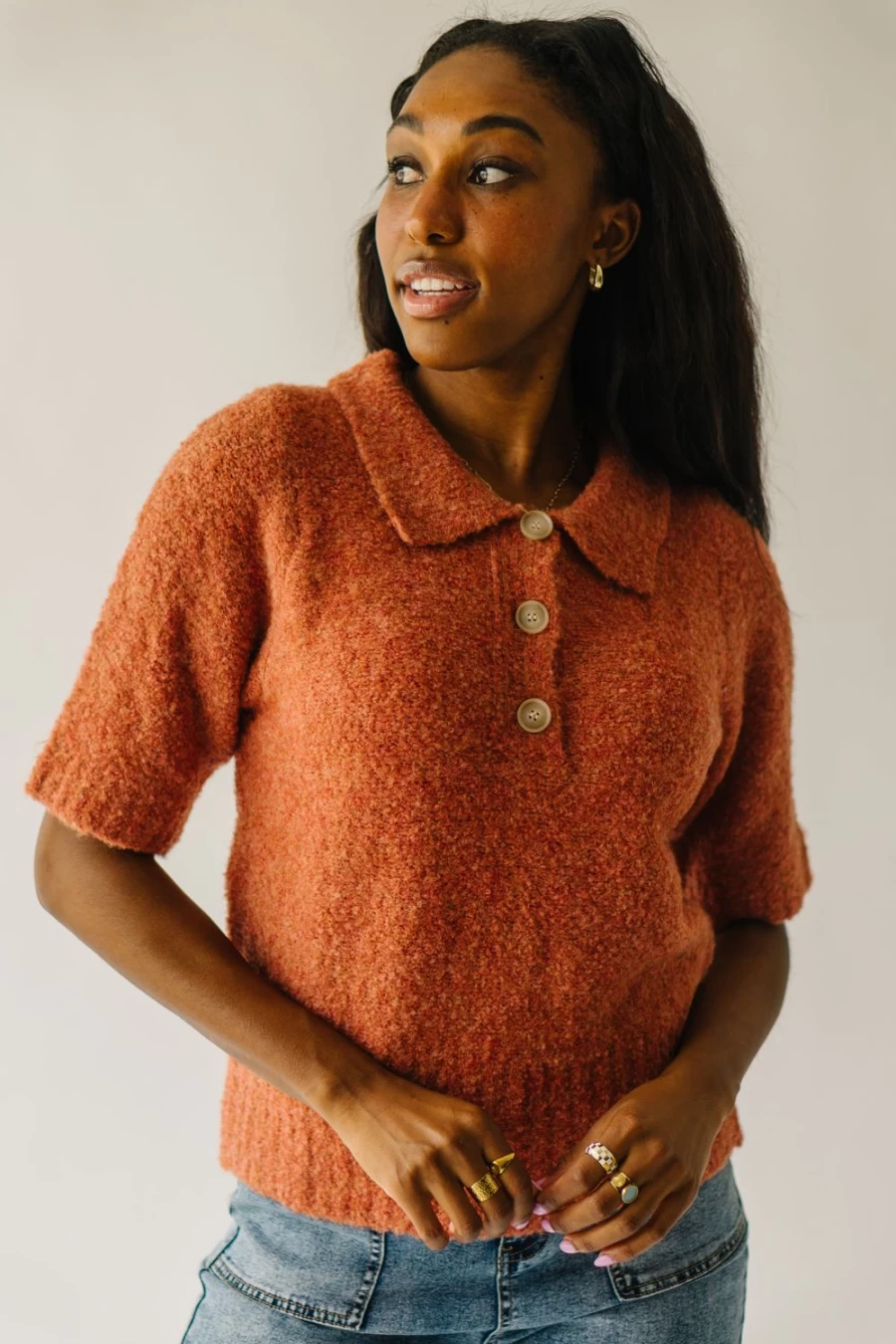 Piper & Scoot Women's Onata Button Collar Sweater in Terracotta - Classic Knit Top for Women