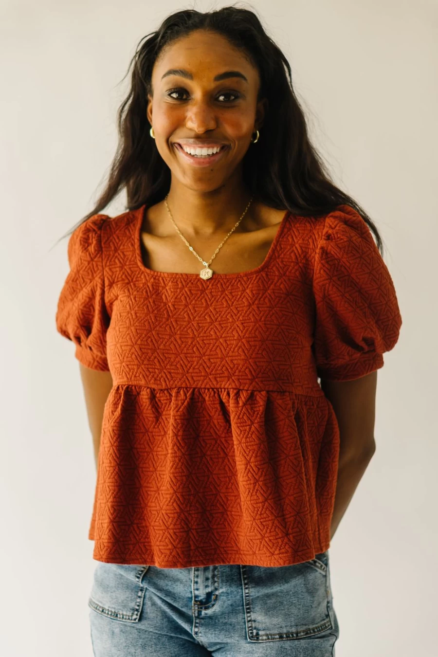 Piper & Scoot Women's Rust Colored Puff Sleeve Knit Blouse - Greendale Style