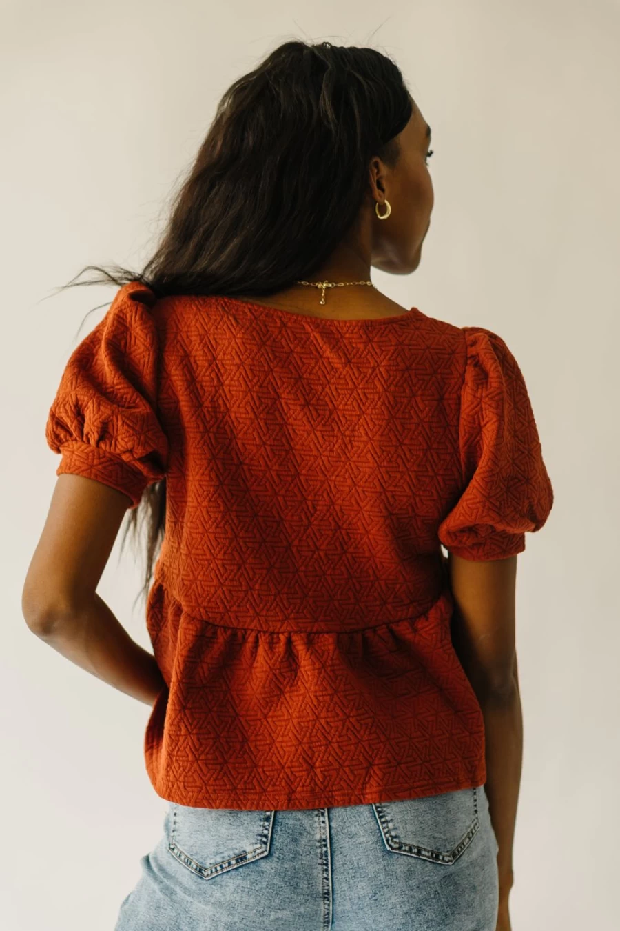Piper & Scoot Women's Rust Colored Puff Sleeve Knit Blouse - Greendale Style