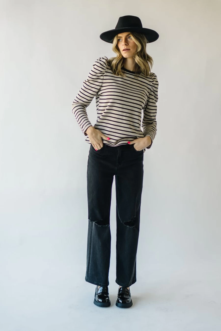 Piper & Scoot Women's Delise Black & Oatmeal Stripe Puff Sleeve Blouse