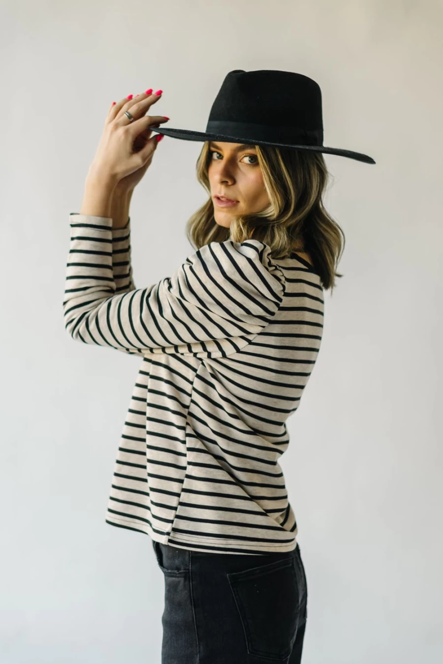 Piper & Scoot Women's Delise Black & Oatmeal Stripe Puff Sleeve Blouse