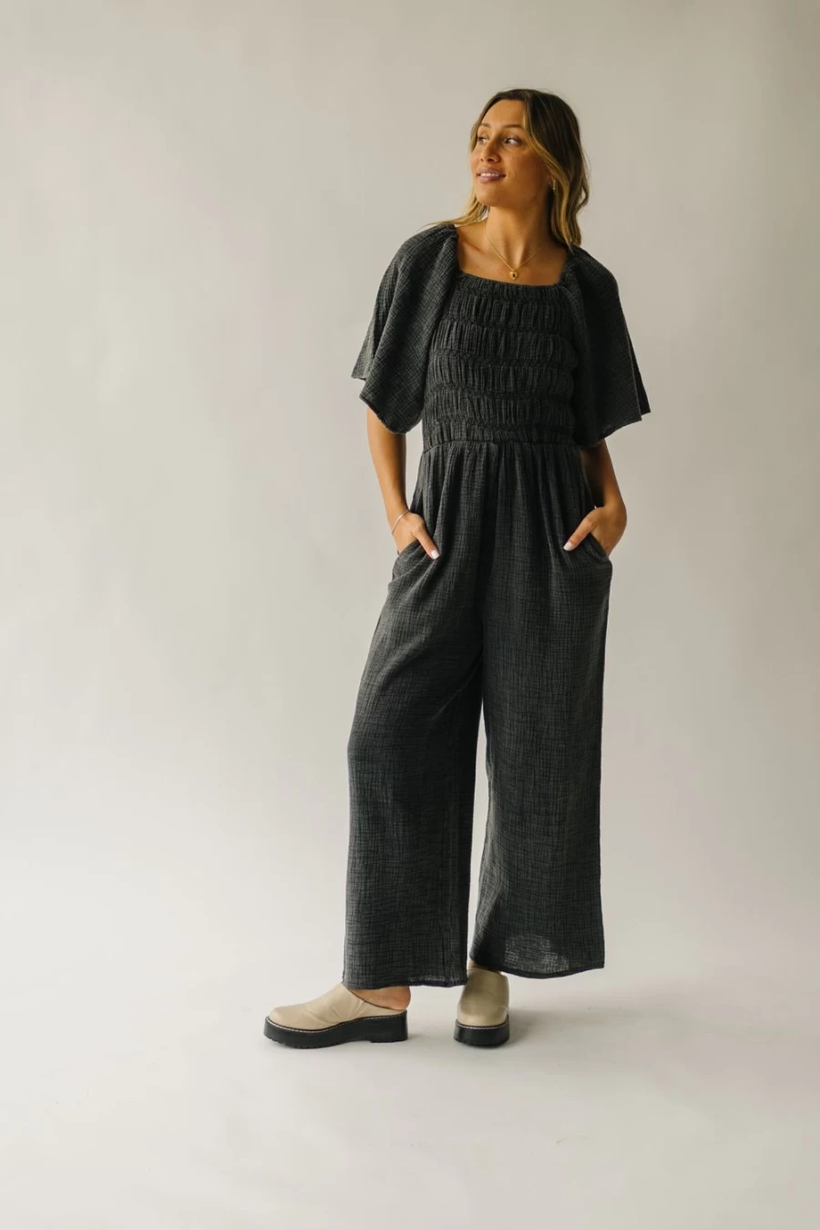 Piper & Scoot Women's Slater Smocked Detail Jumpsuit in Washed Charcoal - Stylish & Comfortable Romper for Women