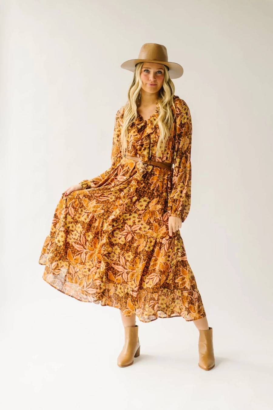 Piper & Scoot Women's Apricot Floral Brunatti V-Neck Ruffle Dress