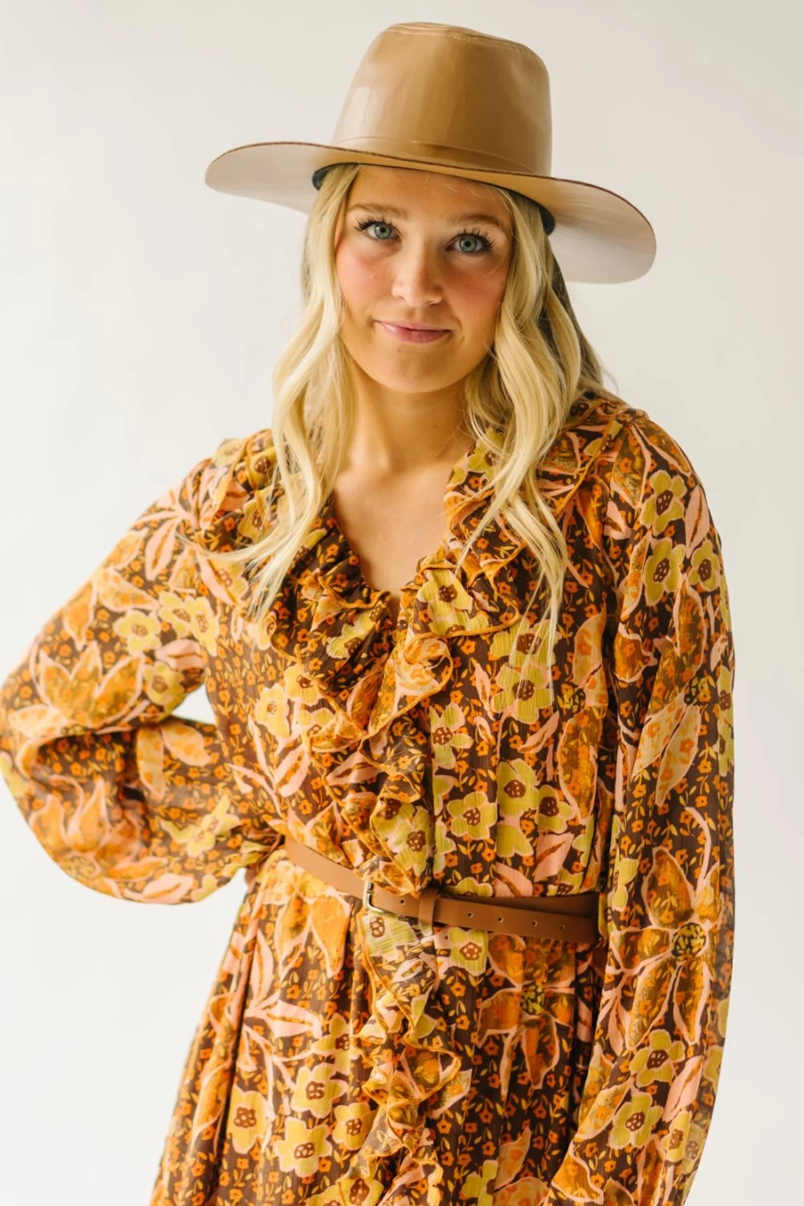 Piper & Scoot Women's Apricot Floral Brunatti V-Neck Ruffle Dress