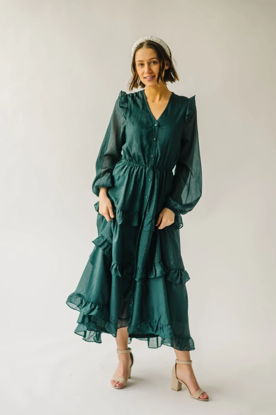 Piper & Scoot Women's Amanzoe Hunter Green Tiered Midi Dress