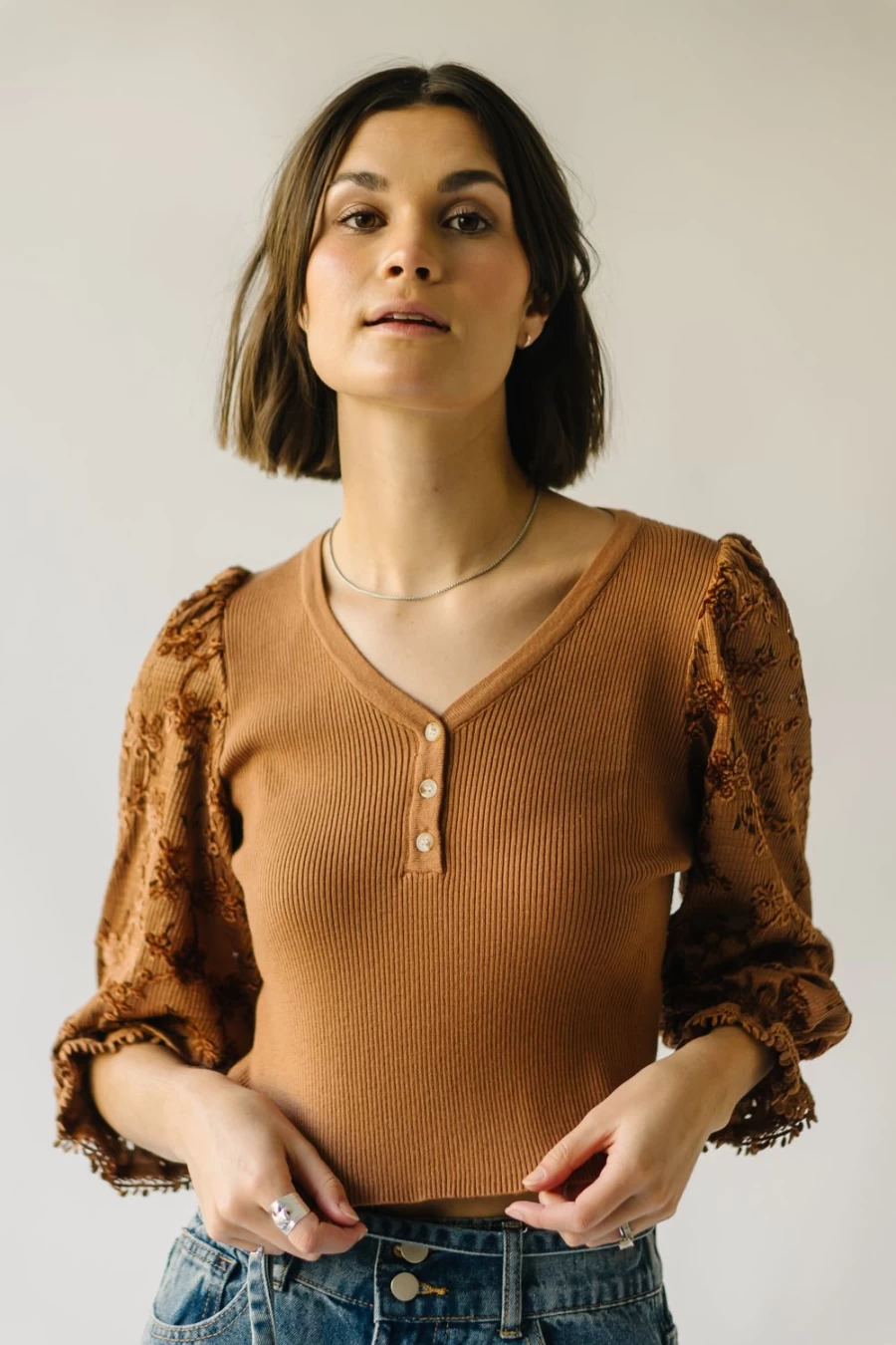 Piper & Scoot Women's Brown Harpswell Lace Contrast Blouse - Elegant Feminine Top