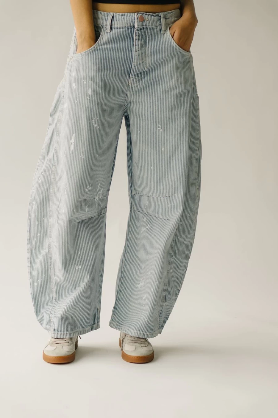 Piper & Scoot Women's Good Luck Mid Rise Striped Barrel Jeans in Railroad Tracks