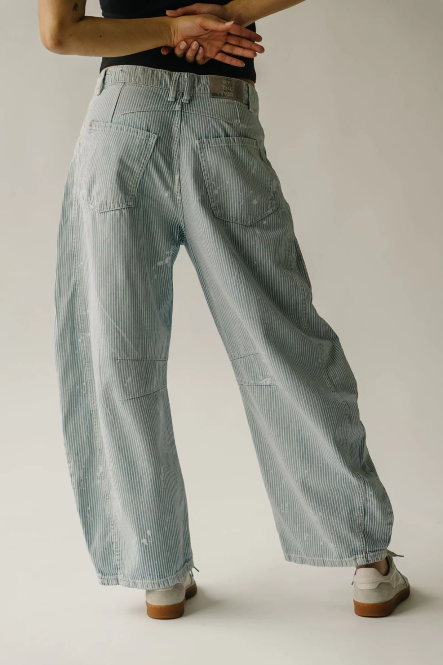 Piper & Scoot Women's Good Luck Mid Rise Striped Barrel Jeans in Railroad Tracks