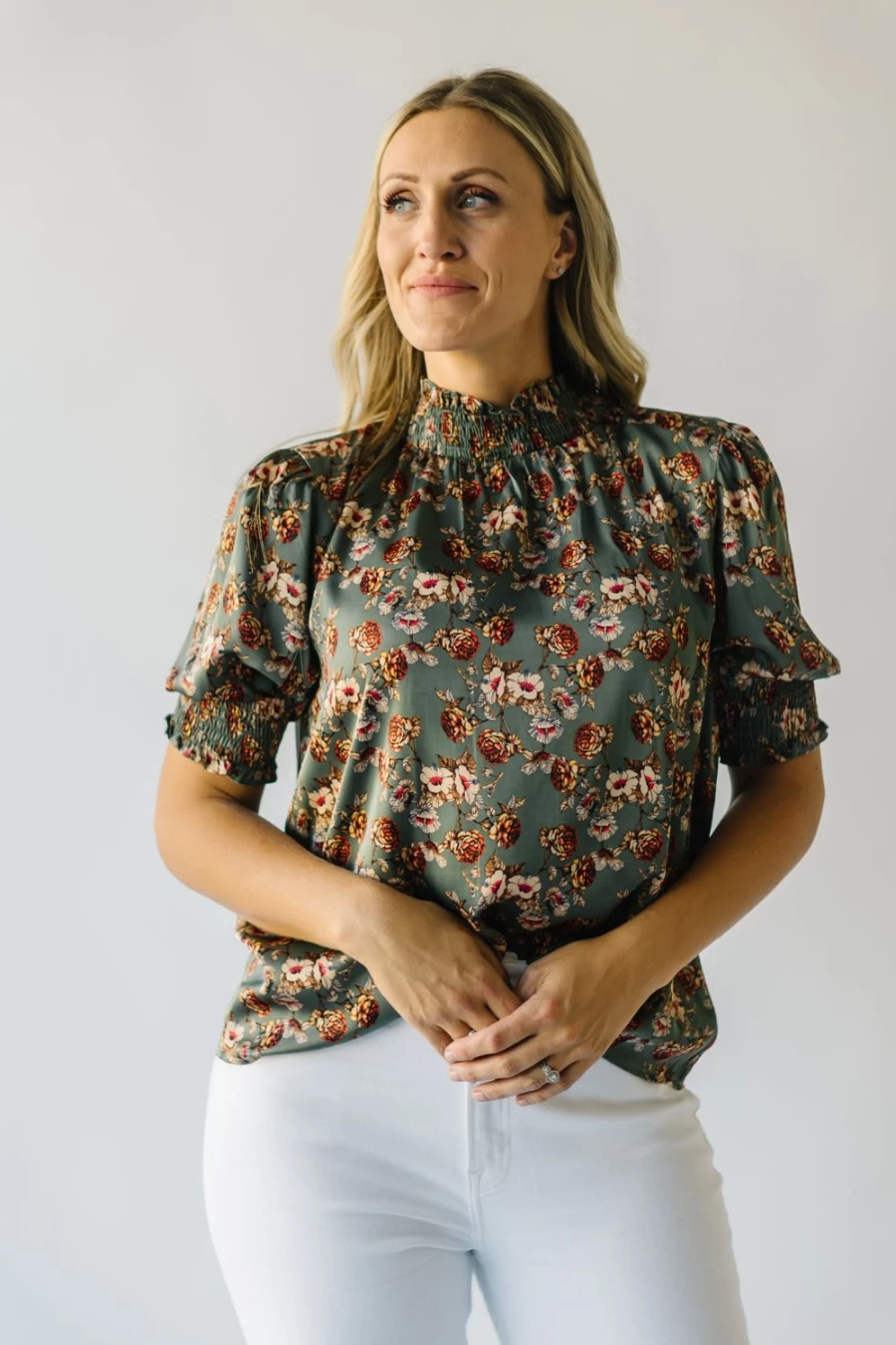 Piper & Scoot Women's Olive Creston Smocked Detail Blouse