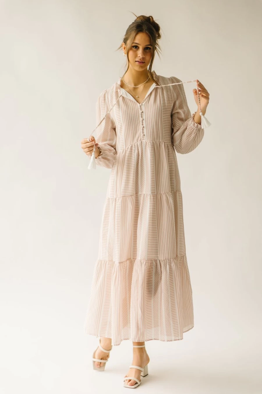 Piper & Scoot Women's Tan Striped Maxi Dress with Detail - Medrano Style