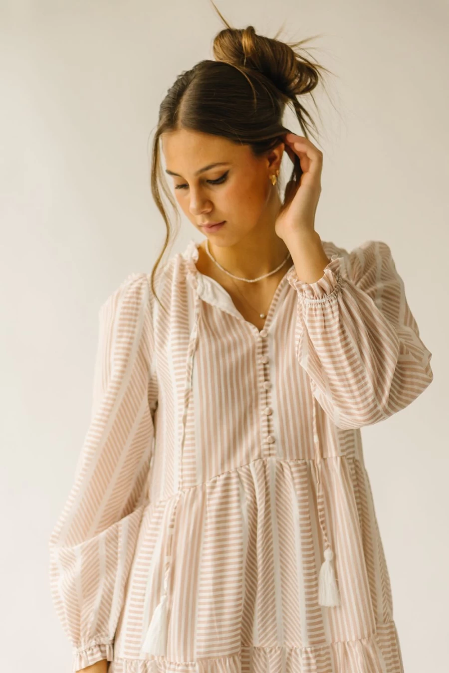 Piper & Scoot Women's Tan Striped Maxi Dress with Detail - Medrano Style