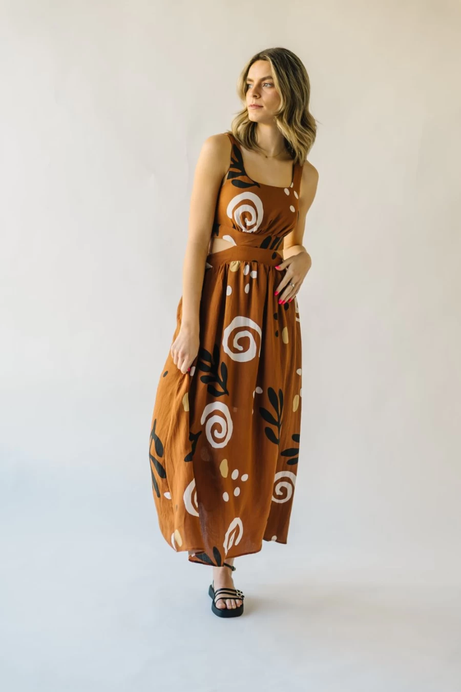 Piper & Scoot Women's Camel Nunez Patterned Cutout Midi Dress