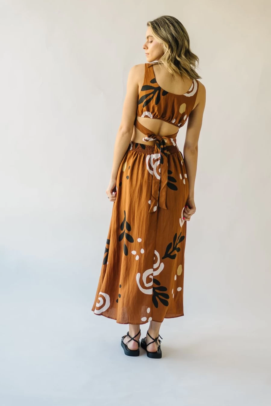 Piper & Scoot Women's Camel Nunez Patterned Cutout Midi Dress