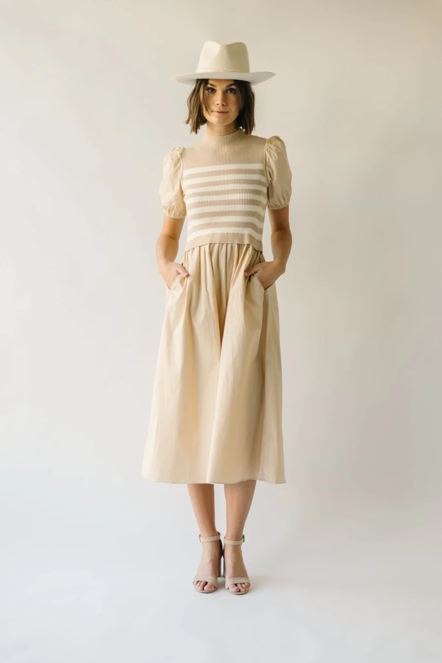 Piper & Scoot Women's Sand Roxie Knit Midi Dress with Bodice Detail