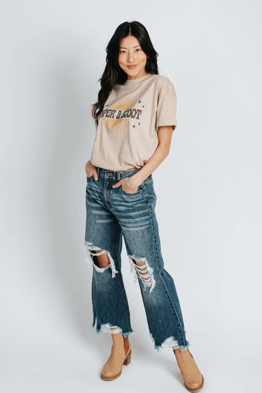 "Piper & Scoot Women's Sand Colored Sun Graphic T-Shirt | Casual Short Sleeve Tee"