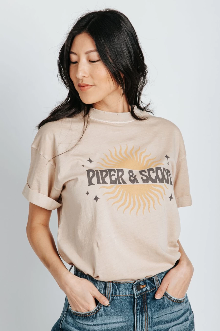 "Piper & Scoot Women's Sand Colored Sun Graphic T-Shirt | Casual Short Sleeve Tee"