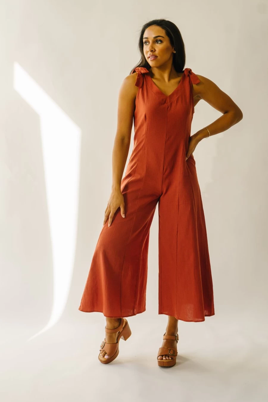 Piper & Scoot Women's Evannah Rust Shoulder Tie Jumpsuit - Stylish One-Piece Outfit