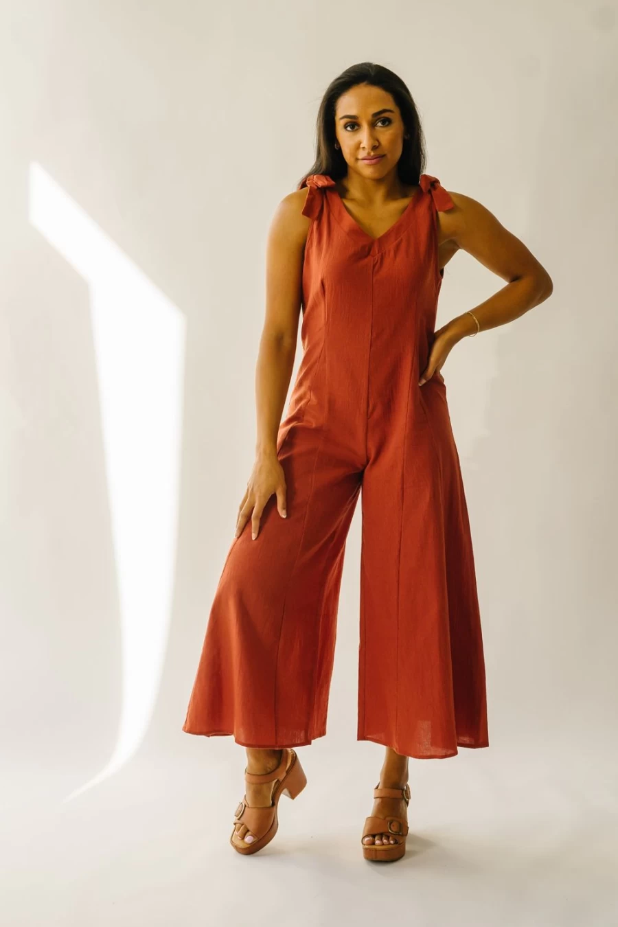 Piper & Scoot Women's Evannah Rust Shoulder Tie Jumpsuit - Stylish One-Piece Outfit