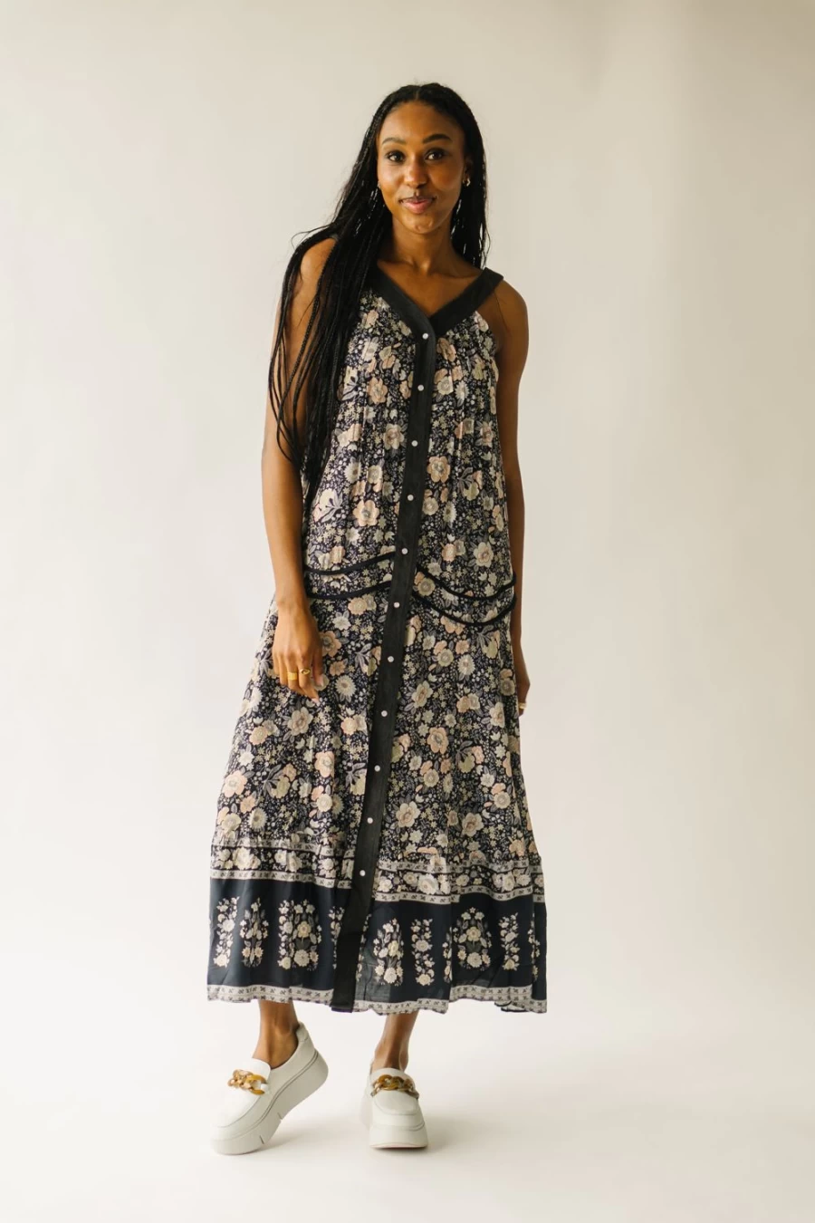 Piper & Scoot Women's Ender V-Neck Maxi Dress in Midnight - Floral Print Long Evening Gown