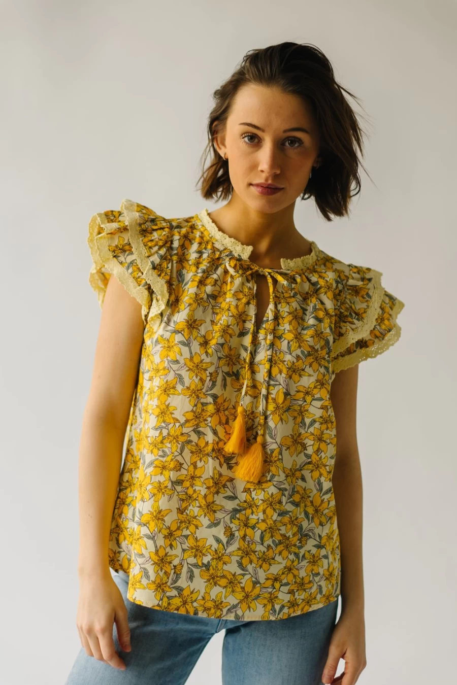 Piper & Scoot Women's Yellow Elmira Blouse with Elegant Lace Detail