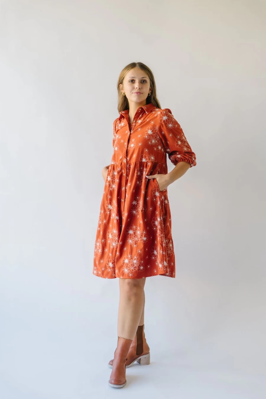Piper & Scoot Women's Rust Kailen Button-Down Patterned Dress
