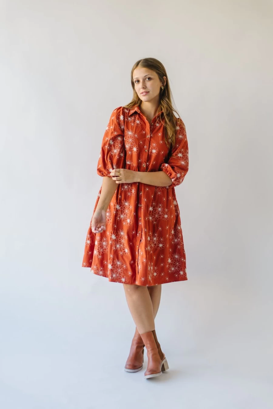 Piper & Scoot Women's Rust Kailen Button-Down Patterned Dress