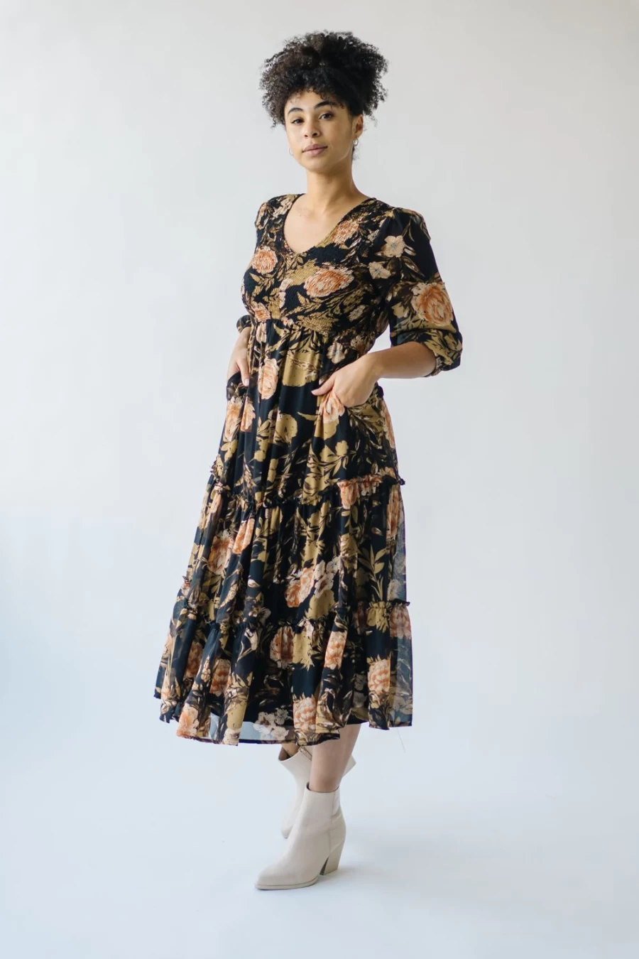Piper & Scoot Women's Kibbie Black Floral Tiered Midi Dress