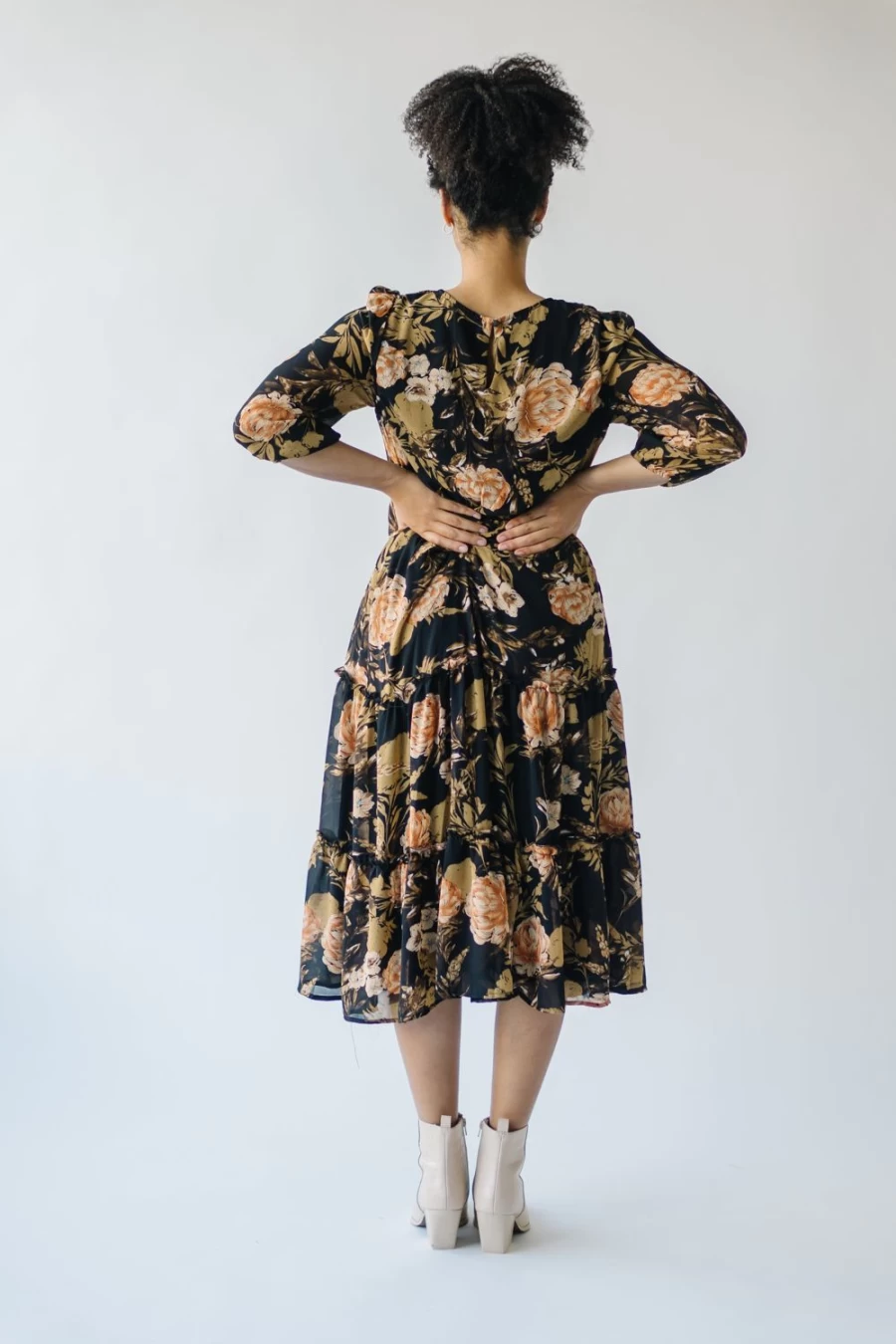 Piper & Scoot Women's Kibbie Black Floral Tiered Midi Dress