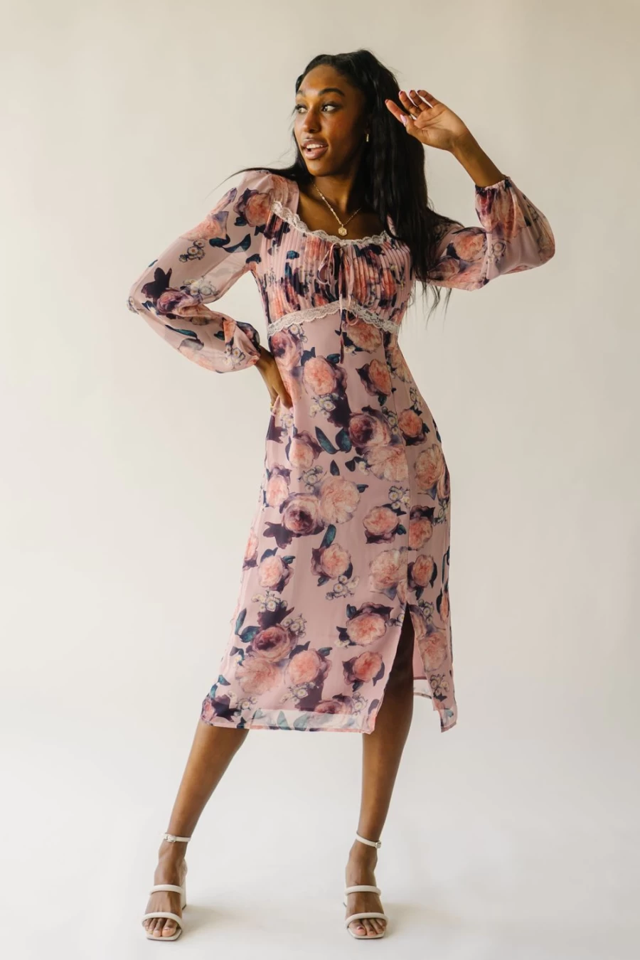 Piper & Scoot Women's Vienna Floral Dress in Rose - Elegant Floral Patterned Summer Dress