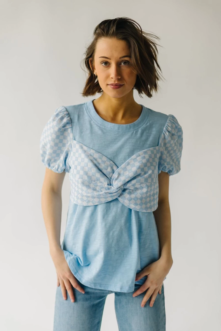 Piper & Scoot Women's Blue Inwood Gingham Blouse with Ribbon Detail