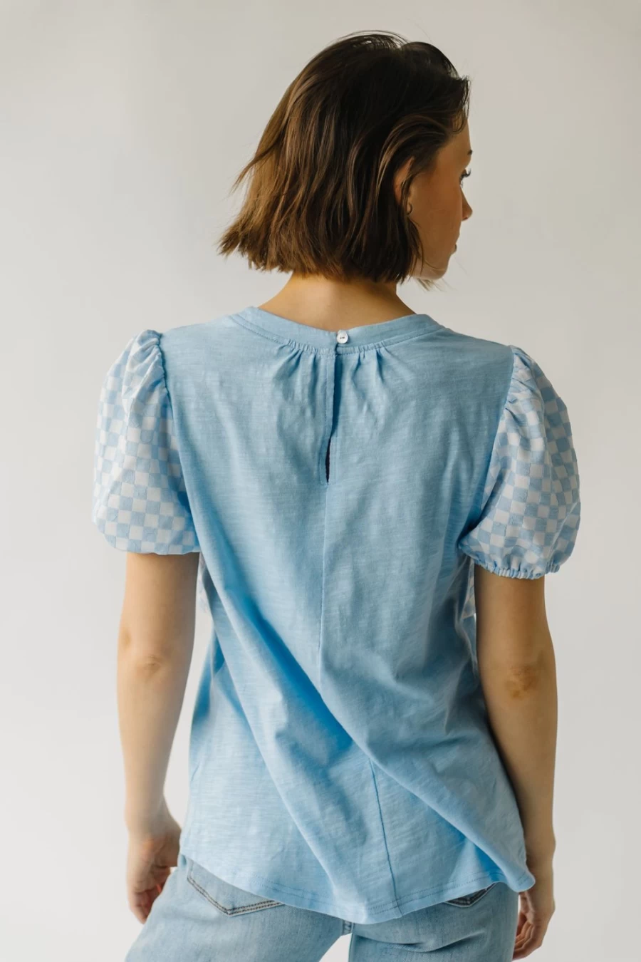 Piper & Scoot Women's Blue Inwood Gingham Blouse with Ribbon Detail