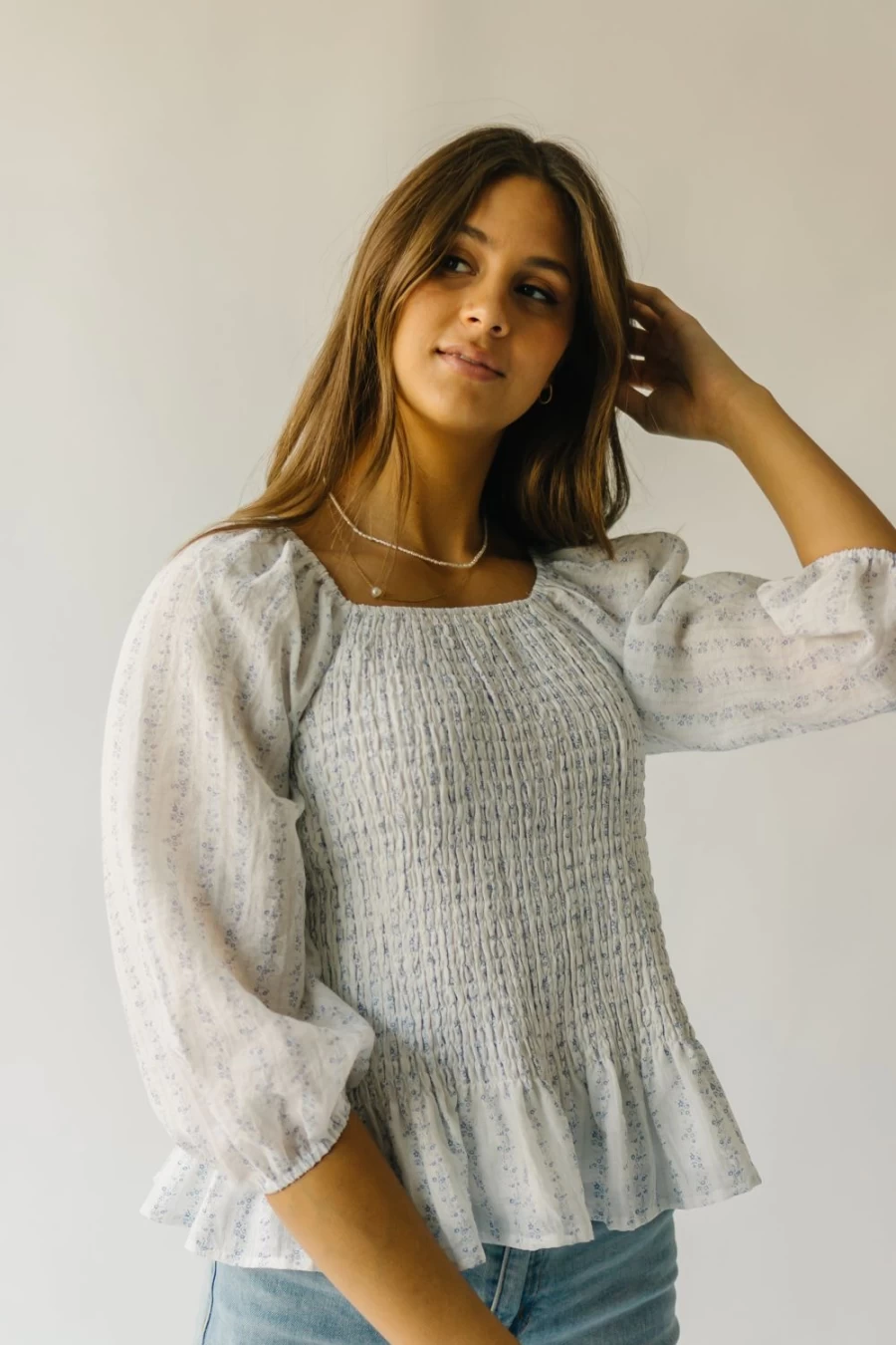 Piper & Scoot Women's Ivory & Blue Tamburro Blouse with Smocked Detail