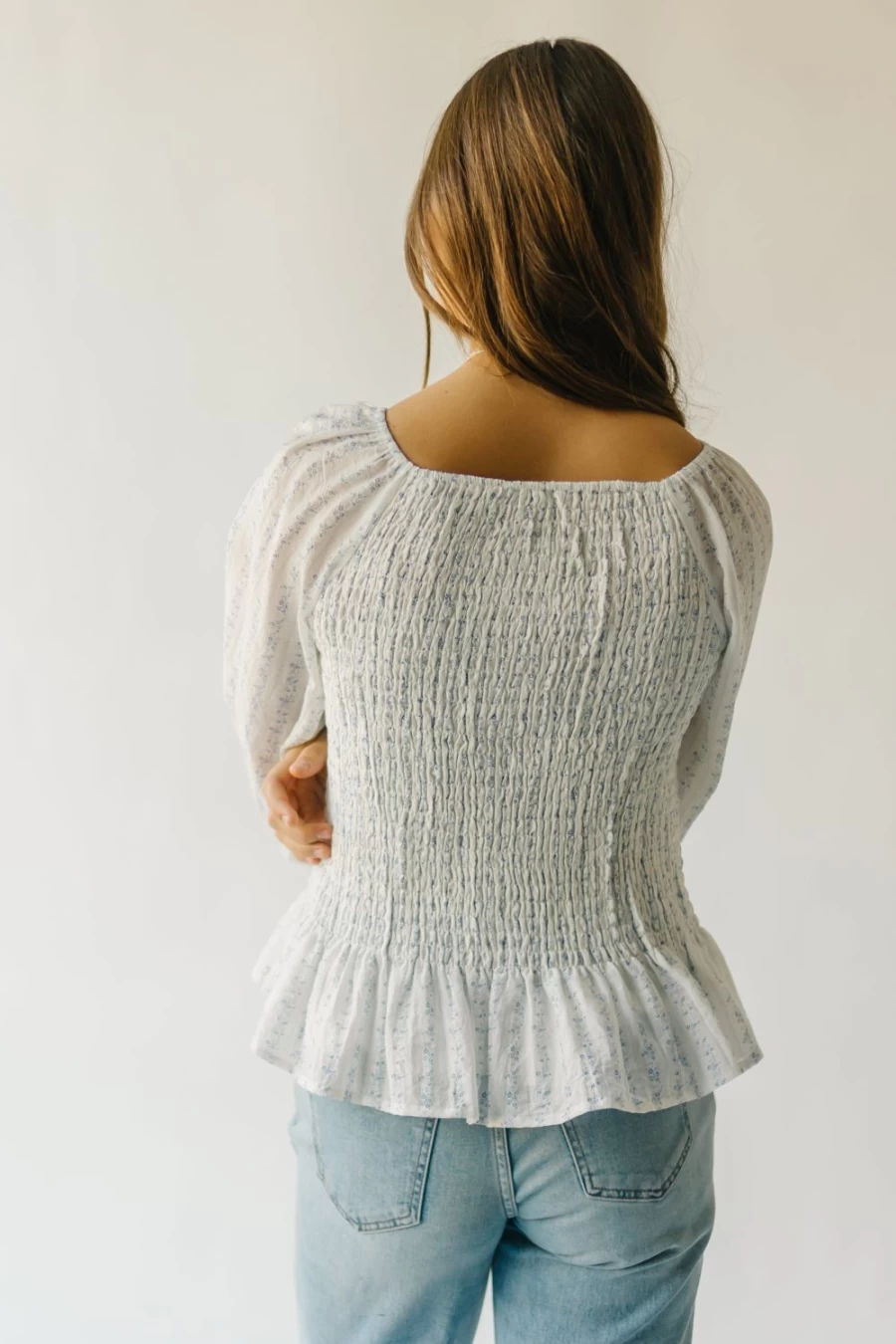 Piper & Scoot Women's Ivory & Blue Tamburro Blouse with Smocked Detail