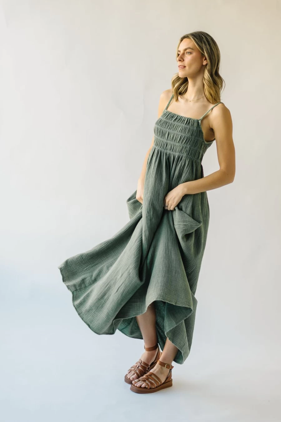 Piper & Scoot Women's Sage Green Mansura Dress with Smocked Detail