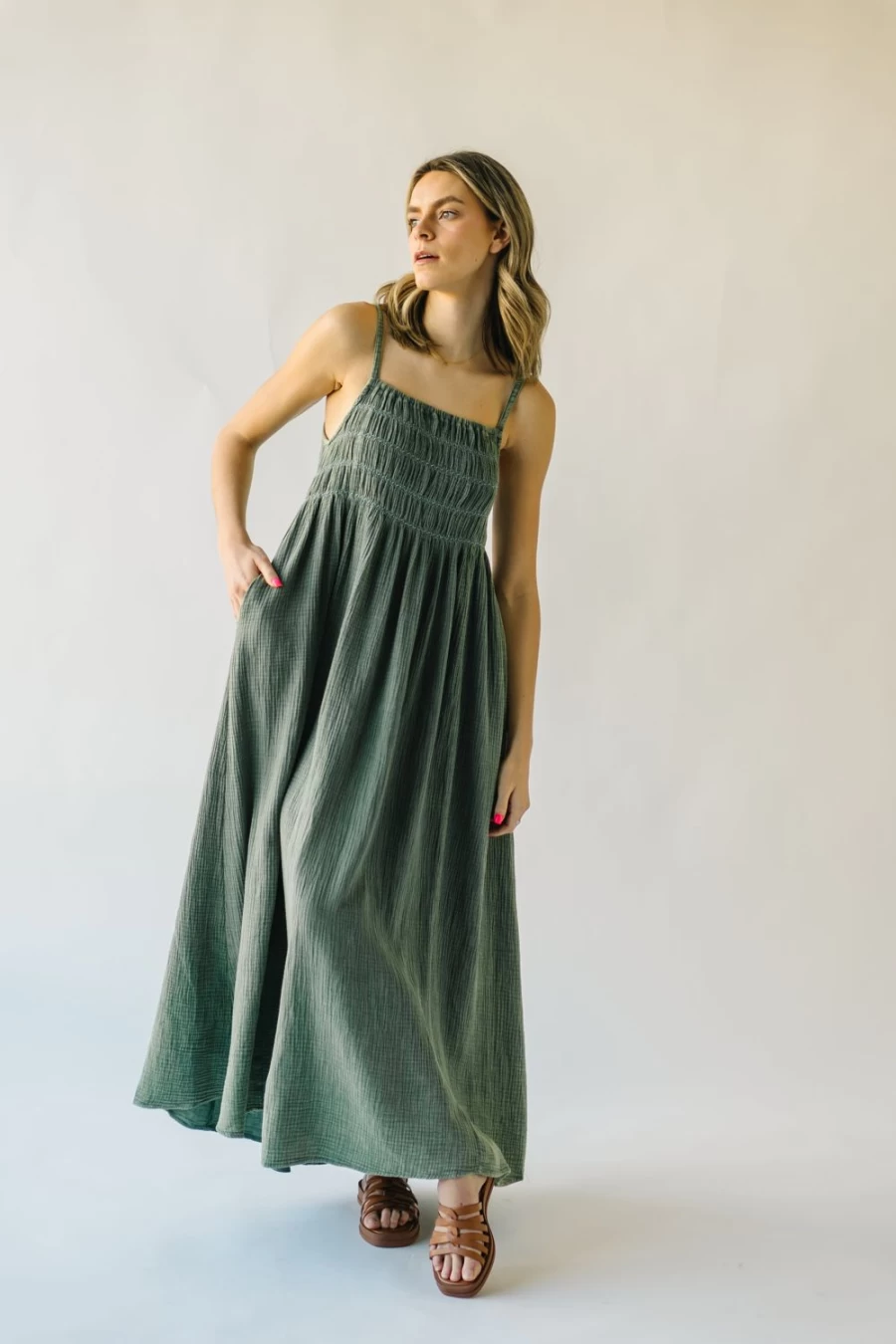 Piper & Scoot Women's Sage Green Mansura Dress with Smocked Detail