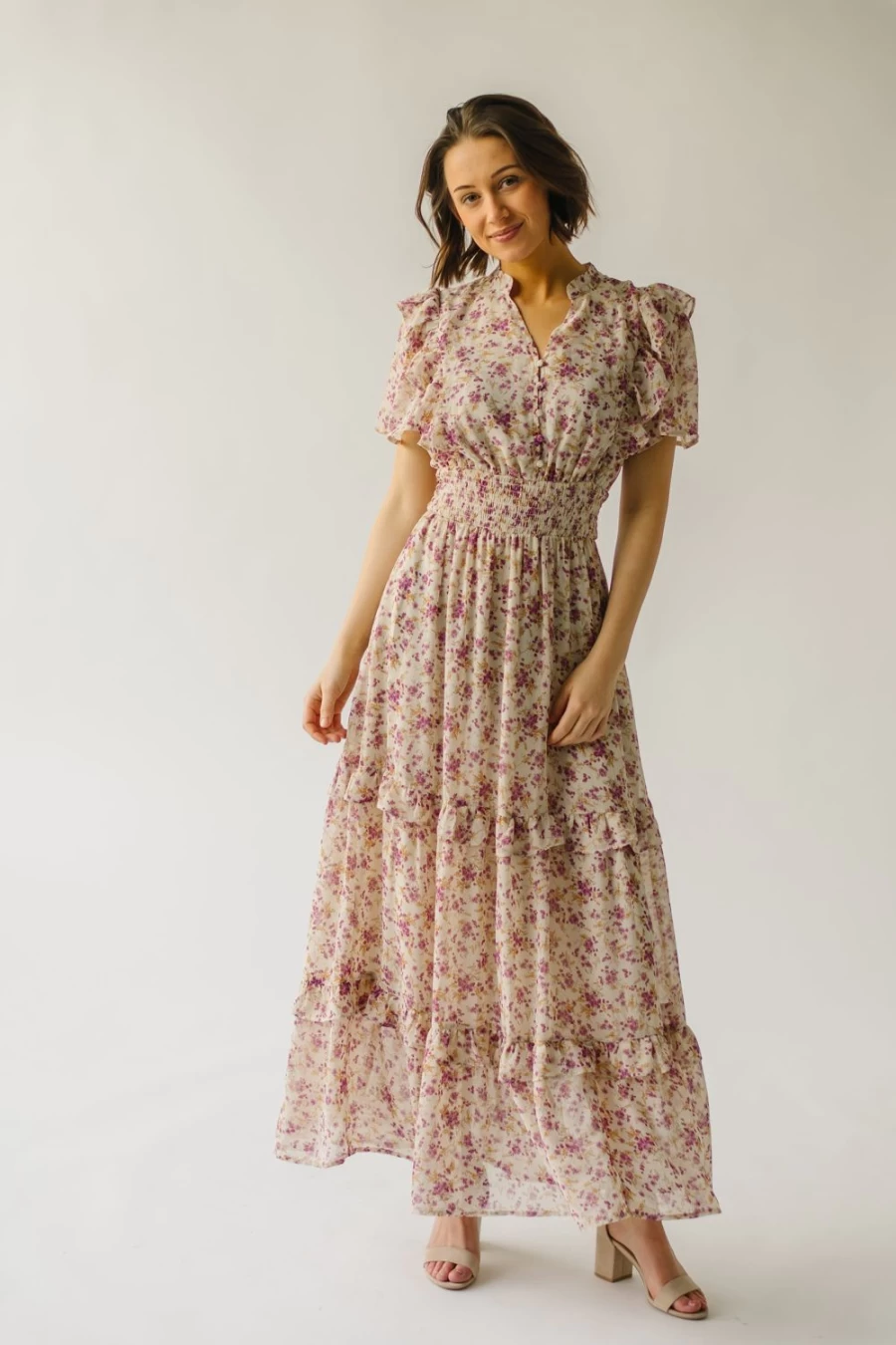 Piper & Scoot Women's Creighton Floral Beige Multi Button Detail Maxi Dress