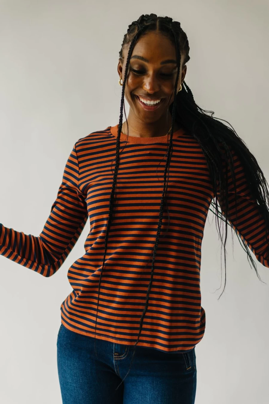 Piper & Scoot Women's Rust & Navy Striped Camden Knit Tee - Soft Cotton Crewneck Top