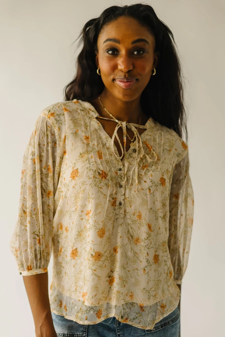 Piper & Scoot Women's Lockport Cream Multi Balloon Sleeve Blouse