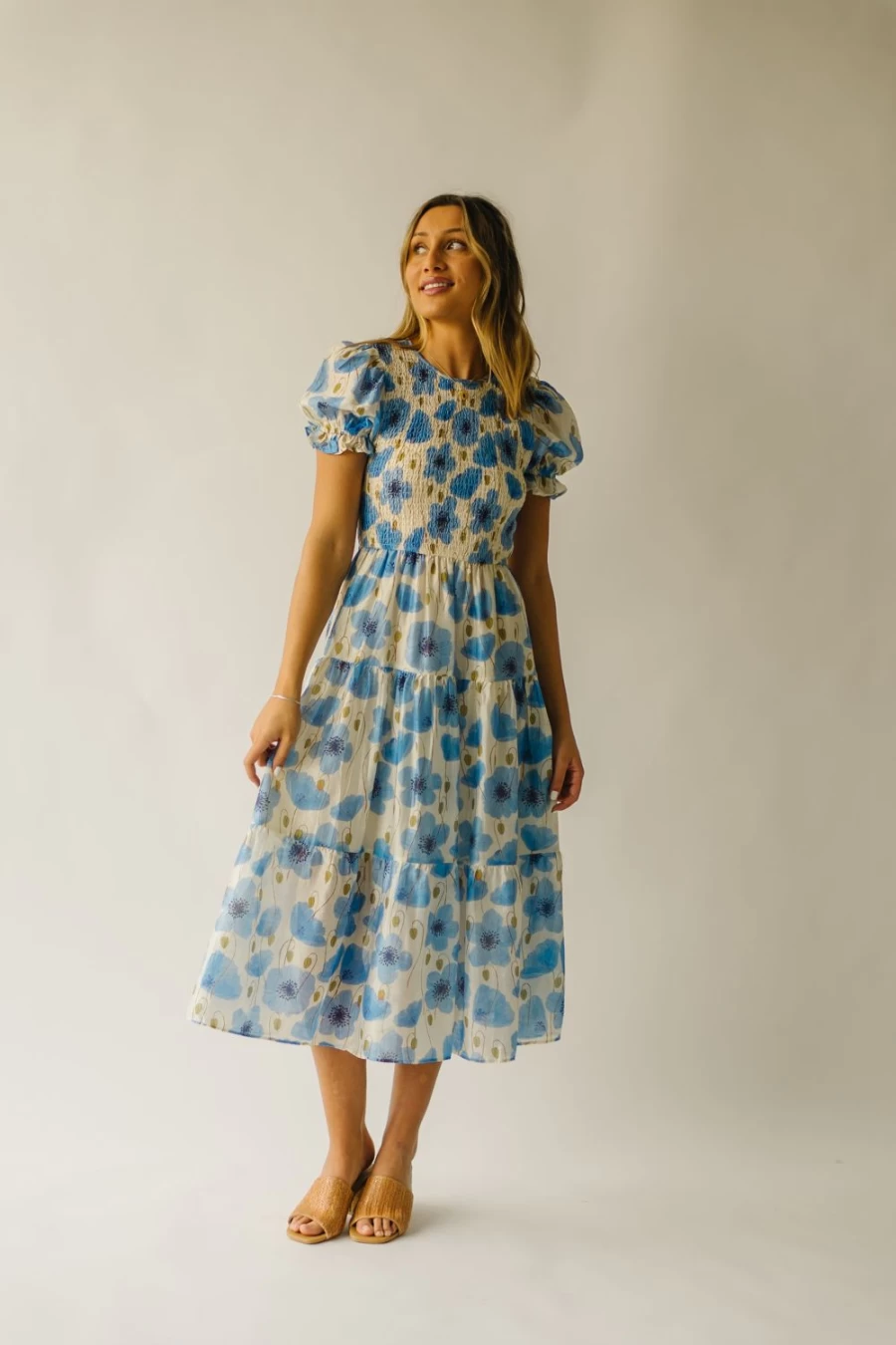 Piper & Scoot Women's Livia Floral Midi Dress - Cream & Blue Multi Pattern Summer Dress